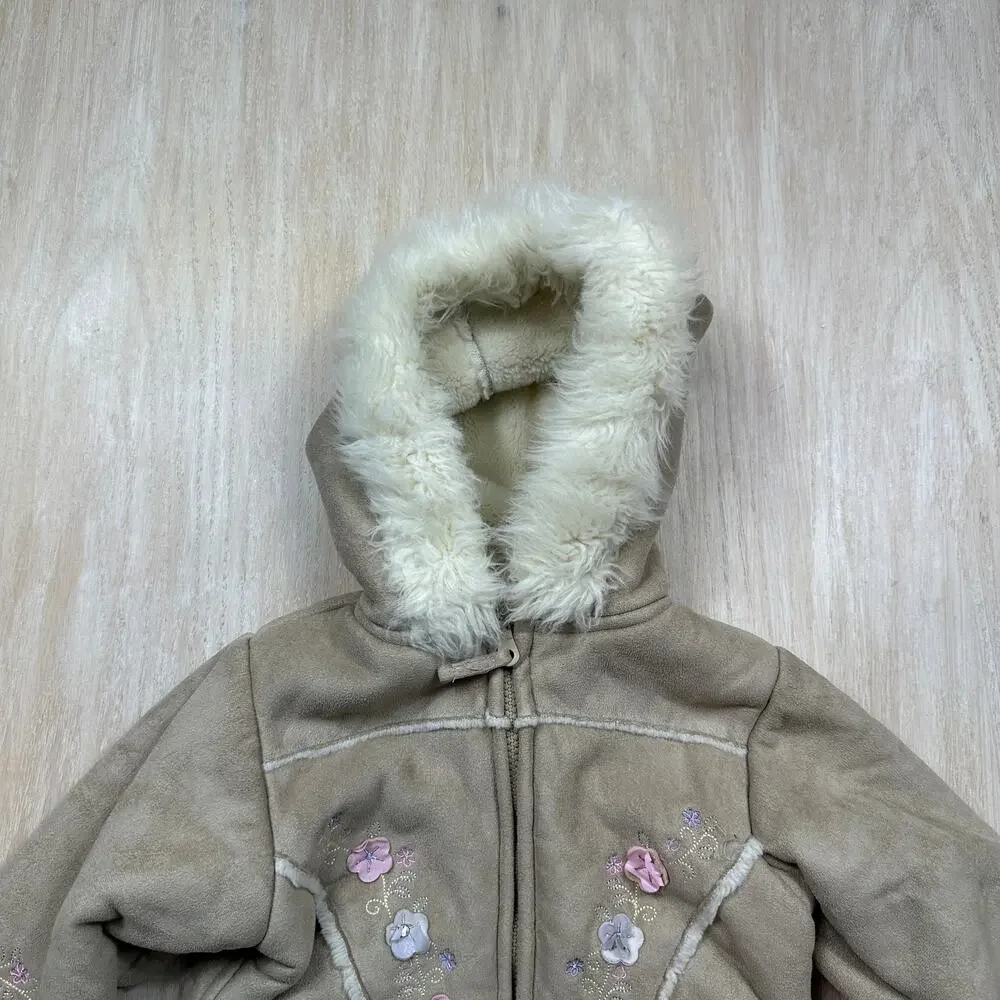 Arizona Jean Co Girls Tan Faux Suede Sherpa Embroidered Y2K Hooded Winter Coat 4